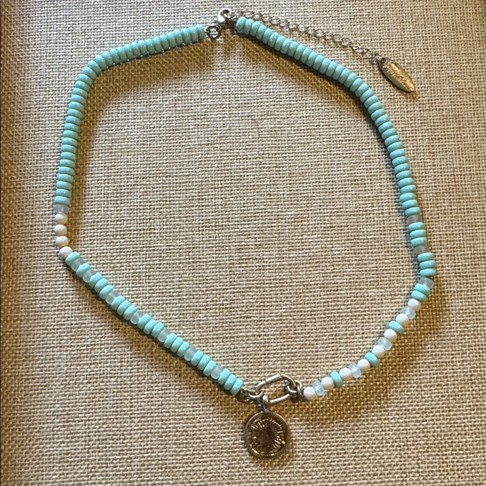 Plunder Mint Green and White Beaded Necklace with Gold Pendant